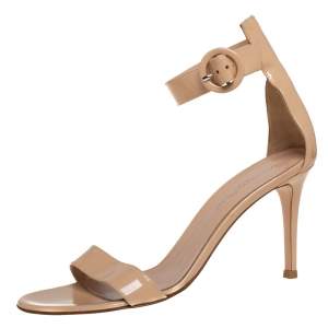 Pre Owned Gianvito Rossi Beige Patent Leather Portofino Ankle Strap Sandals Size 37