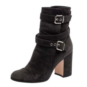 Gianvito Rossi Dark Grey Suede Buckle Detail Ankle Boots Szie 36.5