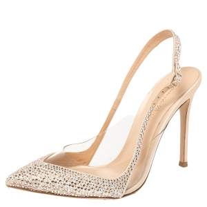 Pre Owned Gianvito Rossi Beige PVC And Leather Embellished Slingback Sandals Size 39