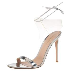 Pre Owned Gianvito Rossi Silver Leather And PVC Ankle Wrap Sandals Size 40