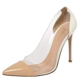 Pre Owned Gianvito Rossi White/Beige Patent Leather And PVC Plexi Pointed Toe Pumps Size 39
