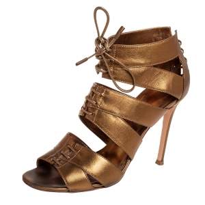 Pre Owned Gianvito Rossi Metallic Gold Leather Roxy Lace Up Caged Sandals Size 37.5