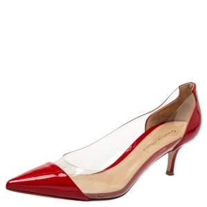 Pre Owned Gianvito Rossi Red Patent Leather And PVC Plexi Pointed Toe Pumps Size 39