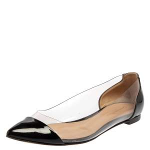Pre Owned Gianvito Rossi Black/White PVC and Patent Leather Plexi Pointed Toe Ballet Flats Size 38.5