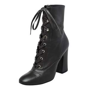 Pre Owned Gianvito Rossi Grey Leather Block Heel Ankle Boots Size 37.5