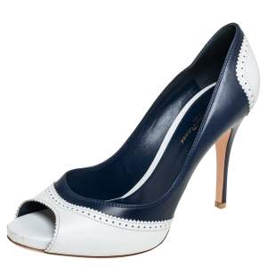 Pre Owned Gianvito Rossi White/Blue Leather Peep Toe Pumps Size 39.5