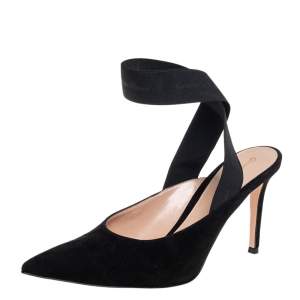 Pre Owned Gianvito Rossi Black Suede And Elastic Strap Pointed Toe Ankle Wrap Sandals Size 40.5