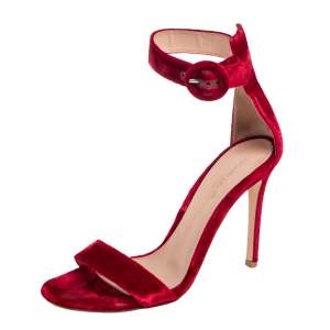 Gianvito Rossi Red Velvet Portofino Ankle Strap Sandals Size 35.5