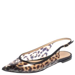 Gianvito Rossi Leopard Print PVC and Leather Trim Slingback Point Toe Flats Size 37