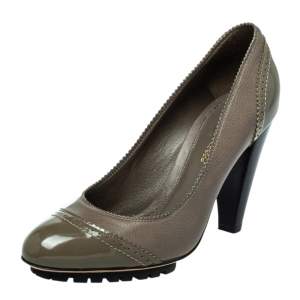 Pre Owned Gianvito Rossi Grey Leather And Patent  Block Heel Pumps Size 38