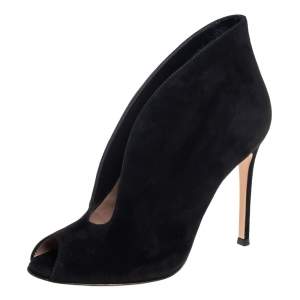 Pre Owned Gianvito Rossi Black Suede Vamp Peep Toe Booties Size 35.5