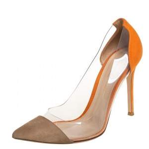 Pre Owned Gianvito Rossi Orange/Beige Suede And PVC Plexi Pumps Size 38