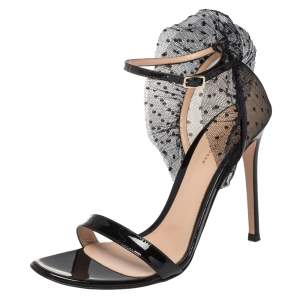 Pre Owned Gianvito Rossi Black Lace and Patent Leather Annabelle Ruffled Tulle Ankle Strap Sandals Size 40