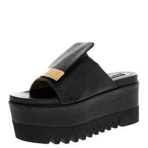 Pre Owned Sergio Rossi Black Leather SR1 Slide Platform Sandals Size 38