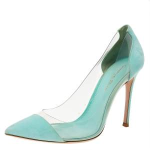 Pre Owned Gianvito Rossi Mint Green Suede And PVC Plexi Pointed Toe Pumps Size 38.5