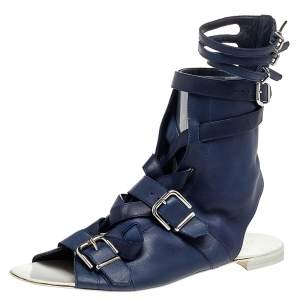 Pre Owned Gianvito Rossi Blue Leather Buckle Gladiator Ankle Length Flat Sandals Size 38