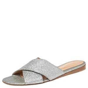 Pre Owned Gianvito Rossi Silver Glitter Fabric Crisscross Flats Size 37