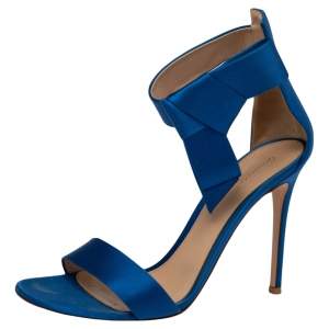 Gianvito Rossi Blue Satin Ankle Wrap Open Toe Sandals Size 40
