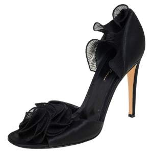 Pre Owned Gianvito Rossi Black Satin And Lace Rose Peep Toe Sandals Size 39.5