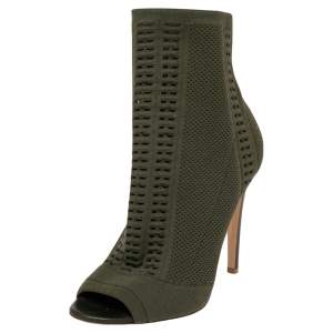 Pre Owned Gianvito Rossi Green Knit Fabric  Peep Toe Ankle Boot Size 36