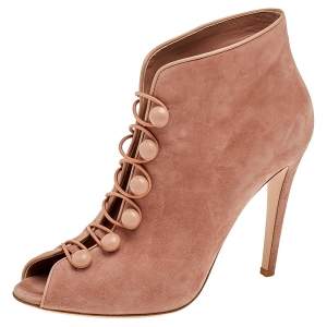 Gianvito Rossi Beige Suede Button Strap Peep-Toe Boots Size 41