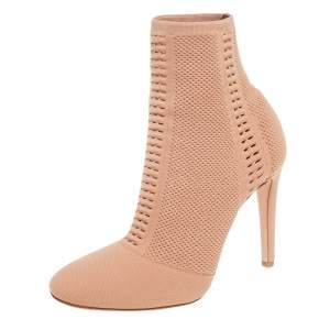 Pre Owned Gianvito Rossi Beige Knit Fabric  Ankle Boots Size 37.5
