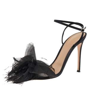 Pre Owned Gianvito Rossi Black Satin Feather Flower Ankle Strap Sandals Size 40