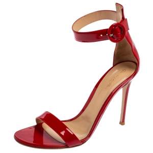 Pre Owned Gianvito Rossi Red Patent Leather Natalie Ankle Strap Sandals Size 40.5