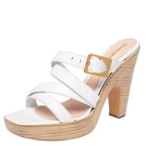 Pre Owned Gianvito Rossi White Leather Strappy Wooden Platform Sandals Size 38.5