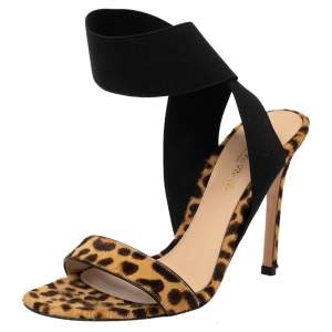 Pre Owned Gianvito Rossi Beige/Brown Leopard Print Calf Hair And Elastic Fabric Ankle Wrap Sandals Size 36