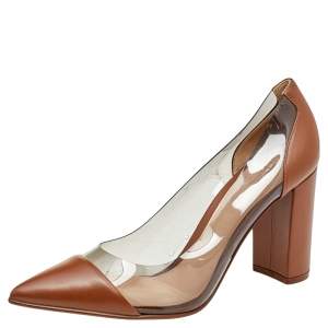 Pre Owned Gianvito Rossi Brown/Transparent Leather and PVC Pointed Toe Block Heel Pumps Size 38