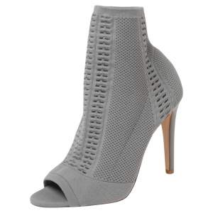 Pre Owned Gianvito Rossi Grey Knit Fabric Open-Toe Ankle Boots Size 38.5