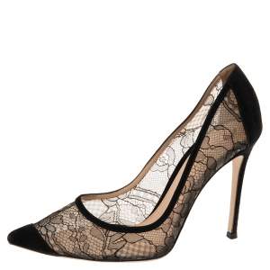 Pre Owned Gianvito Rossi Black Suede/Lace Pointed Toe Pumps Size 39