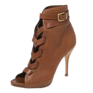 Pre Owned Gianvito Rossi Brown Leather Buckle Lace-Up Ankle Booties Size 38.5