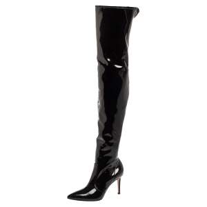 Pre Owned Gianvito Rossi Black Patent Leather Pointed-Toe Over The Knee Boots Size 37