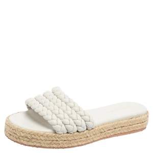 Pre Owned Gianvito Rossi White Braided Leather Marbella Espadrille Slides Size 37.5