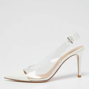 Pre Owned Gianvito Rossi White Patent Leather And PVC Plexi  Slingback Sandals Size 36.5