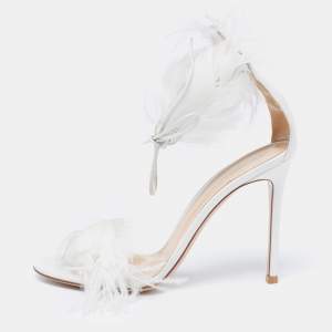 Pre Owned Gianvito Rossi White Leather and Feather Athena Sandals Size 38