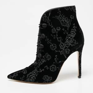 Pre Owned Gianvito Rossi Black Embroidered Velvet Empress Ankle Booties Size 39.5