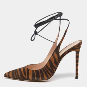 Pre Owned Gianvito Rossi Brown Zebra Print Suede Irene Ankle-Tie Pumps Size 38.5