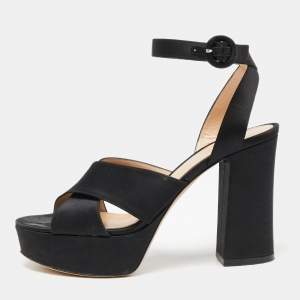 Pre Owned Gianvito Rossi Black Satin Criss Cross Platform Ankle Strap Sandals Size 37.5