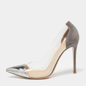 Pre Owned Gianvito Rossi Silver/Grey Leather, Suede and PVC Plexi Pumps Size 37.5