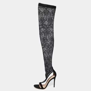 Pre Owned Gianvito Rossi Black Suede And Floral Stretch Lace Fabric Over The Knee Boot Sandals Size 37