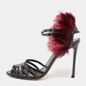 Pre Owned Gianvito Rossi Black Patent Leather And Feather Strappy Sandals Size 37.5