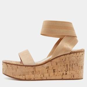 Pre Owned Gianvito Rossi Beige Suede And Elastic Strap Cork Wedge Platform Sandals Size 38