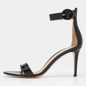 Pre Owned Gianvito Rossi Black Patent Leather Portofino Ankle Strap Sandals Size 38.5