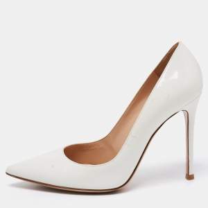 Pre Owned Gianvito Rossi White Patent Leather Pointed Toe  Pumps Size 38