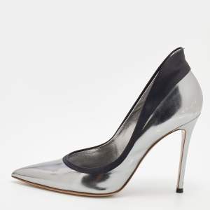 Pre Owned Gianvito Rossi Metallic Silver Patent Leather Pointed Toe Pumps Size 39
