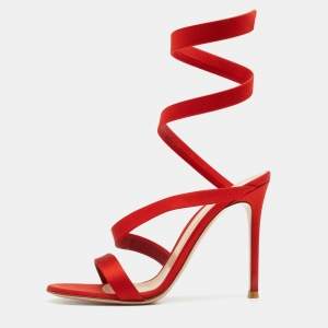 Pre Owned Gianvito Rossi Red Satin Opera Twirl Ankle Wrap Sandals Size 38.5