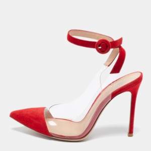 Pre Owned Gianvito Rossi Red Suede and PVC Ankle Strap Pumps Size 37.5